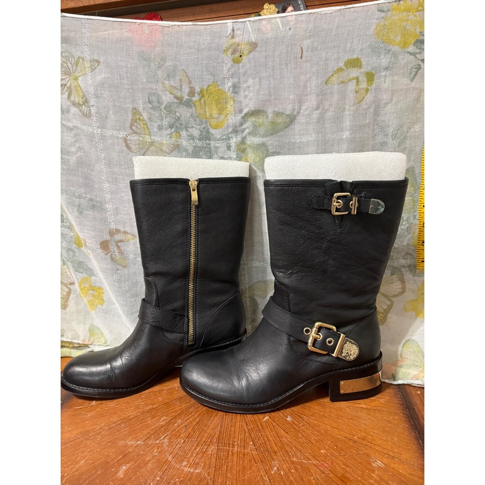 Vince Camuto Black Leather Moto Boots Gold Buckle Heel Plate Mid Calf Round Toe